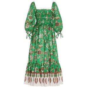 $595 CARACARA Jazzy Mint Smocked Cotton Voile Midi Dress